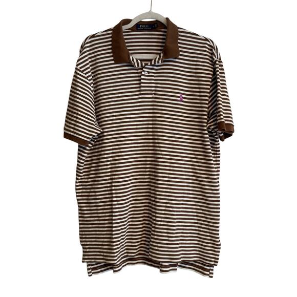 Ralph Lauren Brown White Stripe Soft Cotton Golf Preppy Polo Shirt Size Large - Picture 1 of 16